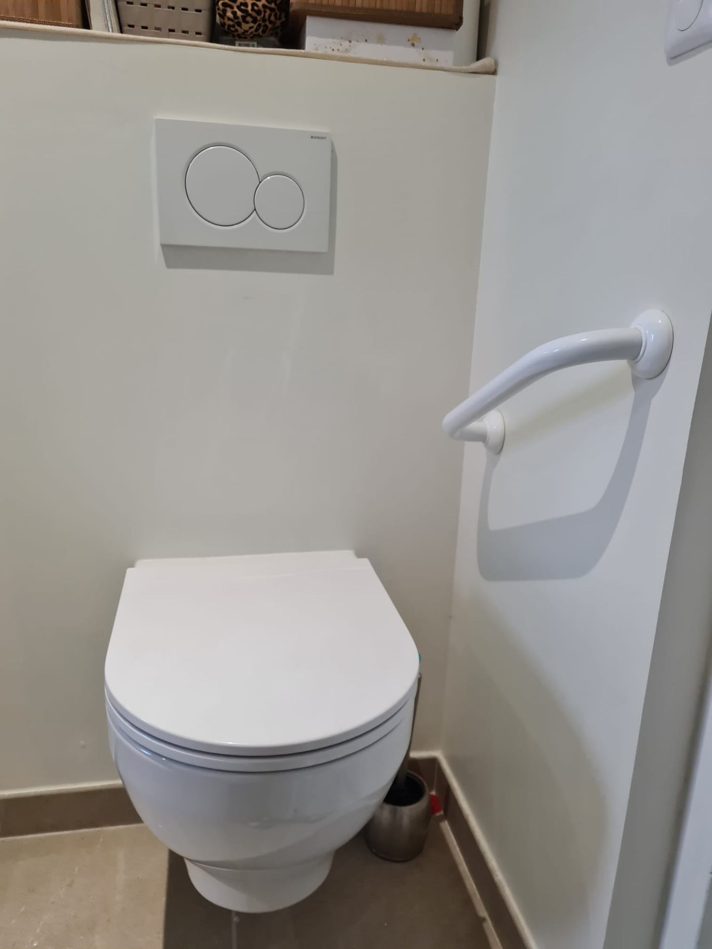 WC suspendu Geberit avec plaque duo et barre d'appui PMR